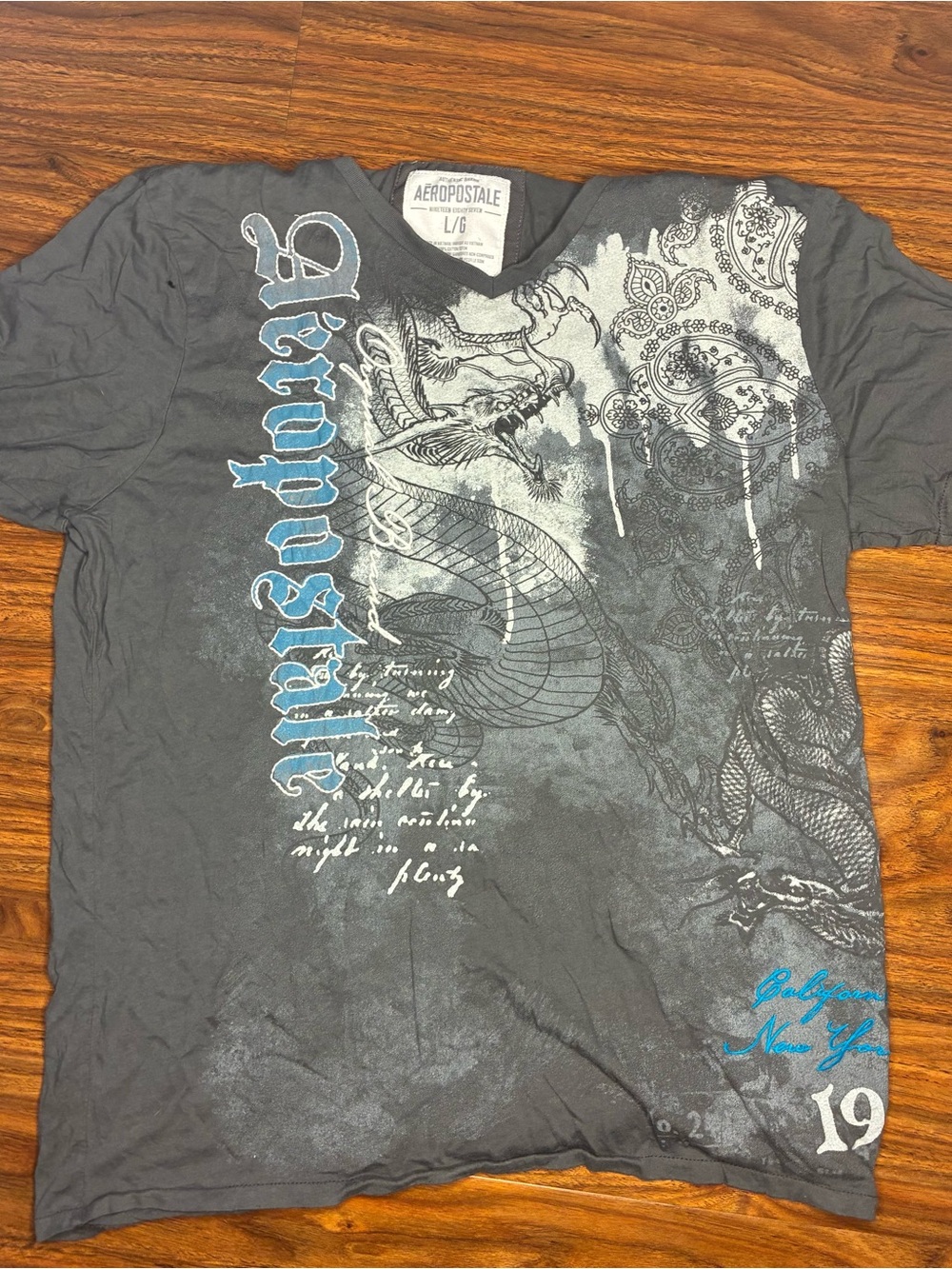 Aeropostale Men’s Charcoal Graphic V-Neck Tee with Blue Accents
